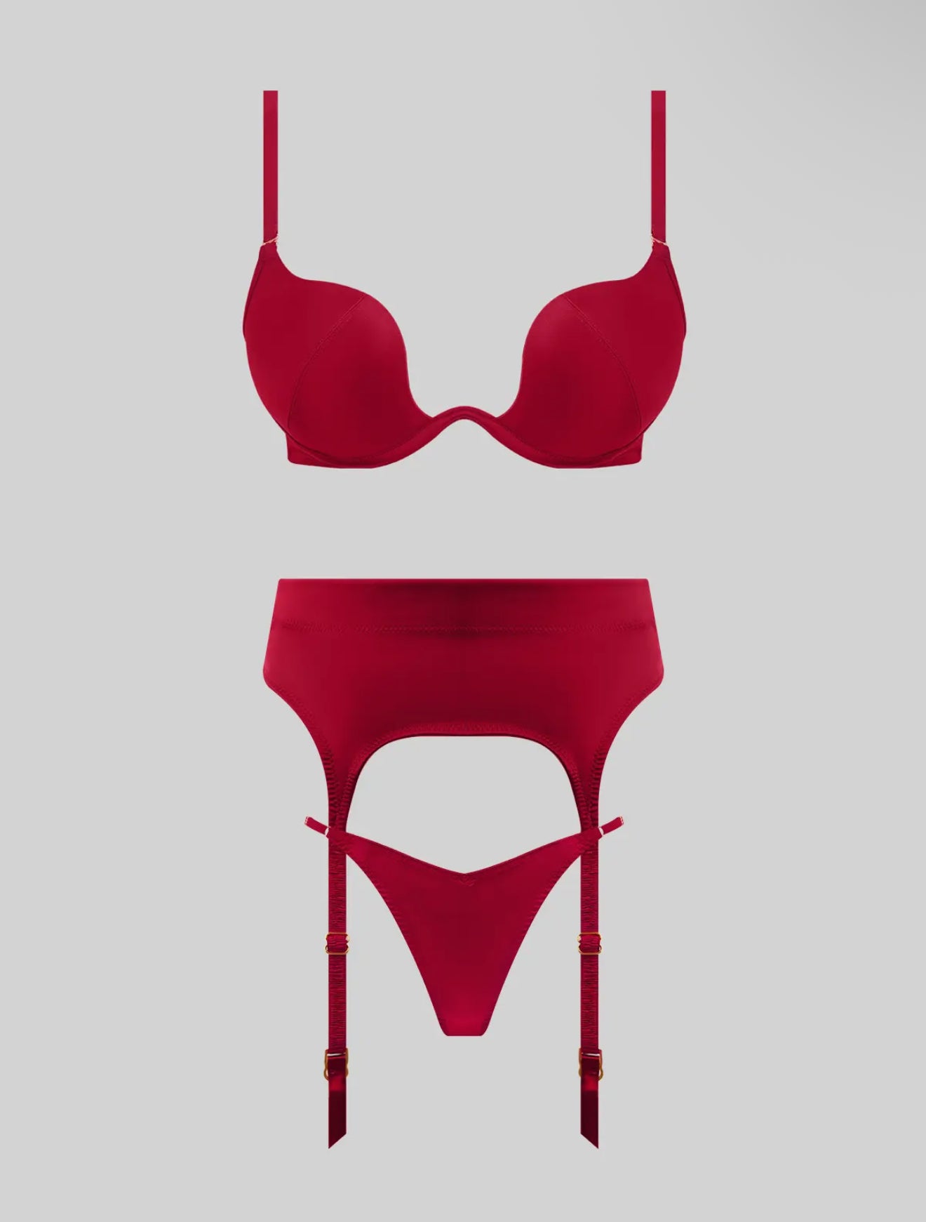 Bianca Satin Deep Plunge Push Up Bra, Garter & Thong Set